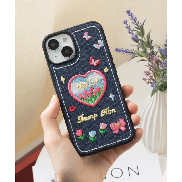 デニム 刺繍 iPhoneケース カバー （ブラック）