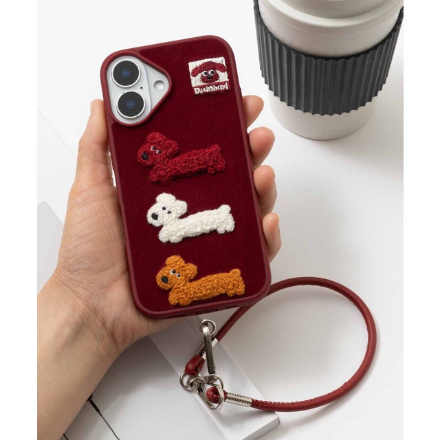 iPhone スマホケース カバー もこもこ 犬 Dog わんちゃん （ワイン系2）