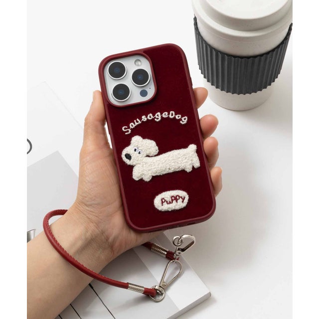 iPhone スマホケース カバー もこもこ 犬 Dog わんちゃん （ワイン系1）