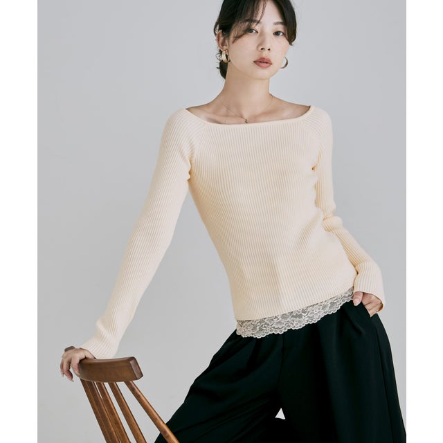 カシミヤ混レースデザインバレエネックリブニット （アイボリー）