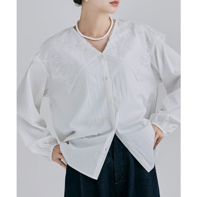フラワーレースセーラーカラーオーバーシャツ （オフホワイト）