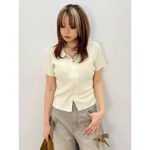 Embroidery ZIP ニットトップス （アイボリー）