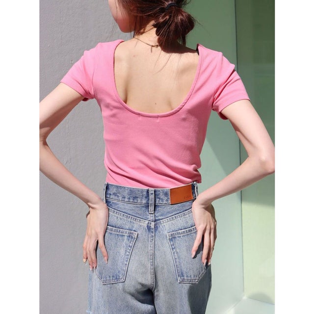 
                    【WEB限定】バックオープンリブショートTシャツ （ピンク）