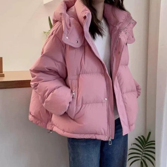 首元まで包み込むフード付き中綿コート （ピンク）