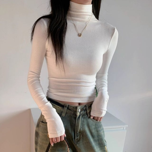 重ねても一枚でも万能タートルネックトップス 秋服 タートルネック ジャケットコーデ インナー フィット 伸縮性 ストレッチ シンプル ベーシック レイヤード 重ね着 秋服 シンプル 定番 （ホワイト）