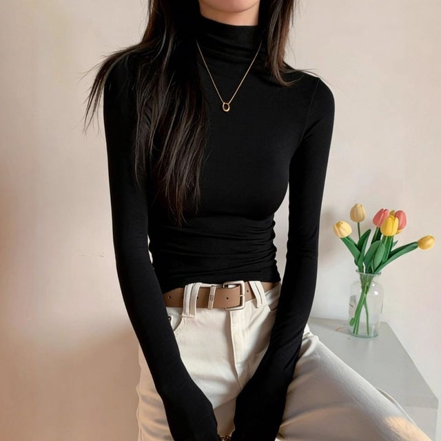 重ねても一枚でも万能タートルネックトップス 秋服 タートルネック ジャケットコーデ インナー フィット 伸縮性 ストレッチ シンプル ベーシック レイヤード 重ね着 秋服 シンプル 定番 （ブラック）