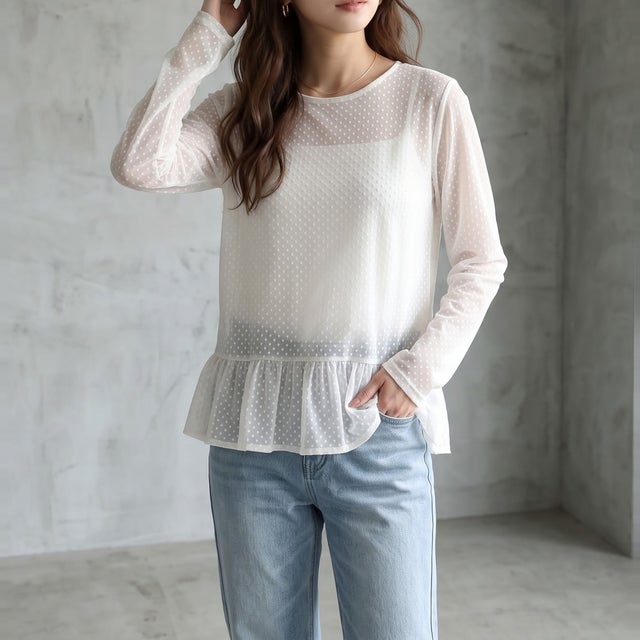 レイヤードにも使いやすい、ドット柄シアーカットソー シアートップス レディース ドット 水玉 Tシャツ フリル 長袖 透け感 レイヤード インナー カットソー フェミニン きれいめ 韓国 トレンド 春 （ホワイト）