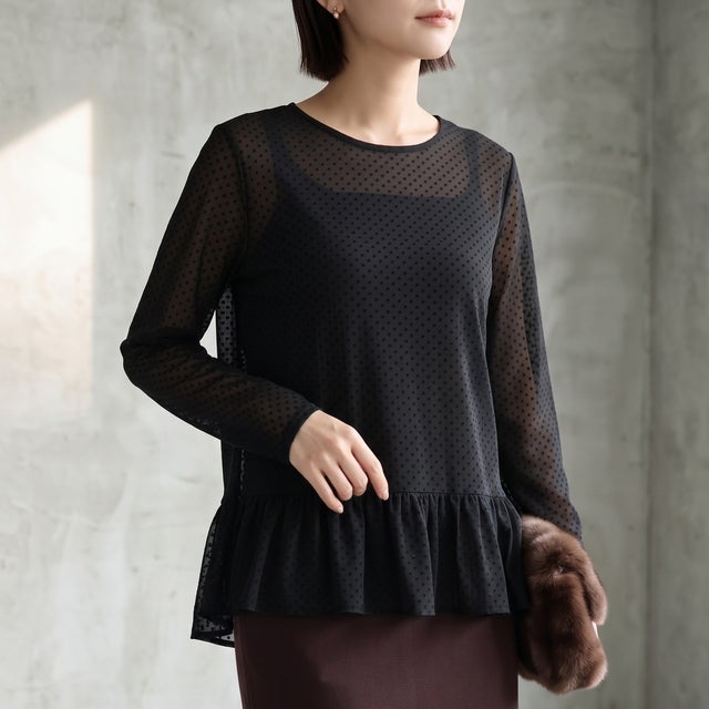 レイヤードにも使いやすい、ドット柄シアーカットソー シアートップス レディース ドット 水玉 Tシャツ フリル 長袖 透け感 レイヤード インナー カットソー フェミニン きれいめ 韓国 トレンド 春 （ブラック）