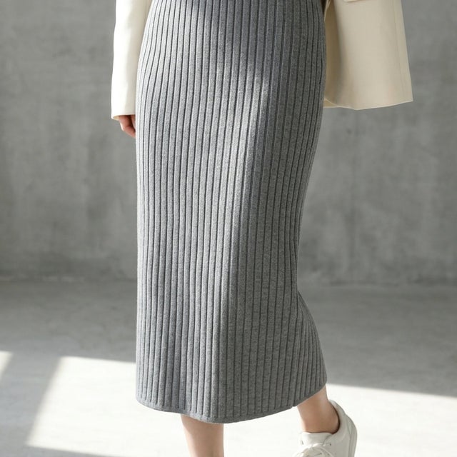 カジュアルにもきれいめにも使える、万能リブスカート ニットスカート レディース リブ ロングスカート スリット ウエストゴム 伸縮性 柔らかい 秋 冬 きれいめ カジュアル シンプル タイトスカート （グレー）