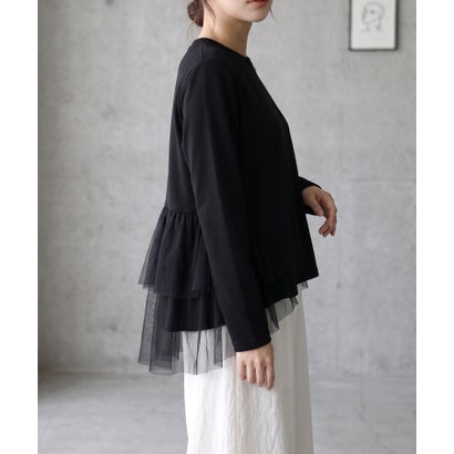 後ろ姿まで華やかな、バックチュールトップス レディース チュール バックチュール フリル プルオーバー 長袖 ゆったり 体型カバー デザイン トップス きれいめ カジュアル フェミニン 秋服 冬服 （ブラック）｜詳細画像