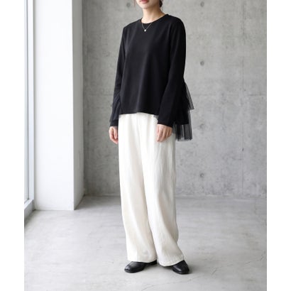 後ろ姿まで華やかな、バックチュールトップス レディース チュール バックチュール フリル プルオーバー 長袖 ゆったり 体型カバー デザイン トップス きれいめ カジュアル フェミニン 秋服 冬服 （ブラック）｜詳細画像