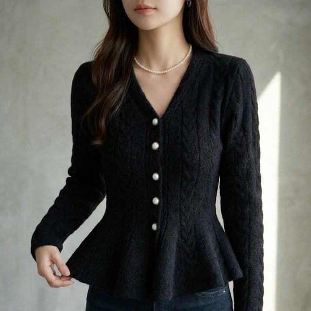 パールボタン×ペプラムが女性らしい、長袖カーディガン レディース ニット パールボタン ペプラム ケーブル編み 長袖 きれいめ フェミニン 通勤 オフィス 上品 秋服 冬服 大人可愛い 韓国 トップス （ブラック）