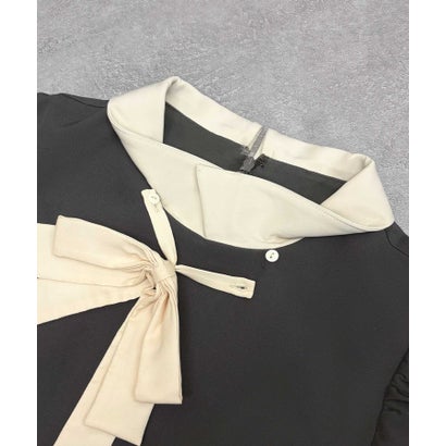 フロリア Flolia 【2WAY / リボン取り外し可】バイカラー襟パフスリーブフレアワンピース フォーマル きれいめ セレモニー 卒業式 卒園式 入学式 入園式 結婚式 オケージョン 七五三 ママ 母親 （チャコールグレー）｜詳細画像