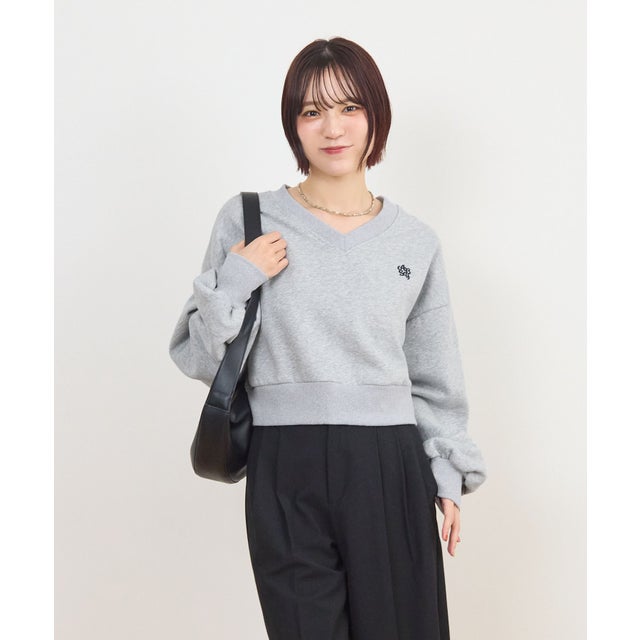 Vネック刺繍ショート丈スウェット （グレー）