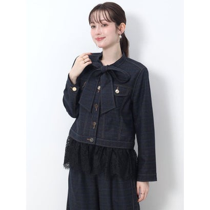フェンネル FENNEL リボンタイ付きレースドッキングチェックブラウス （ネイビー）｜詳細画像