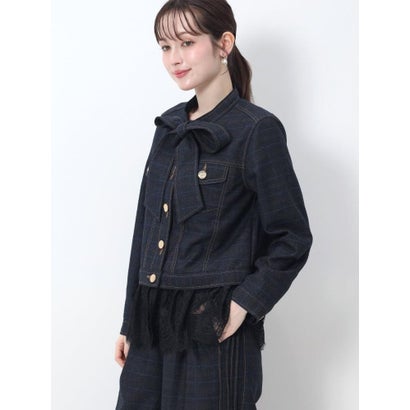 フェンネル FENNEL リボンタイ付きレースドッキングチェックブラウス （ネイビー）｜詳細画像