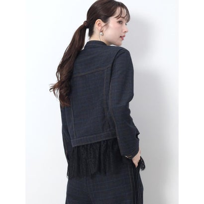 フェンネル FENNEL リボンタイ付きレースドッキングチェックブラウス （ネイビー）｜詳細画像