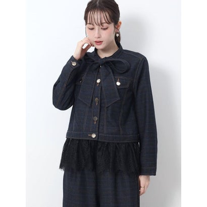 フェンネル FENNEL リボンタイ付きレースドッキングチェックブラウス （ネイビー）｜詳細画像