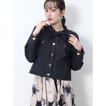 フェンネル FENNEL リボンタイ付きレースドッキングチェックブラウス （ネイビー）｜詳細画像