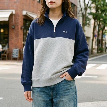 HALF ZIP SWEAT SHIRT / カラーブロック ハーフジップスウェット / カジュアルウェア / レディース （NAVY）｜詳細画像