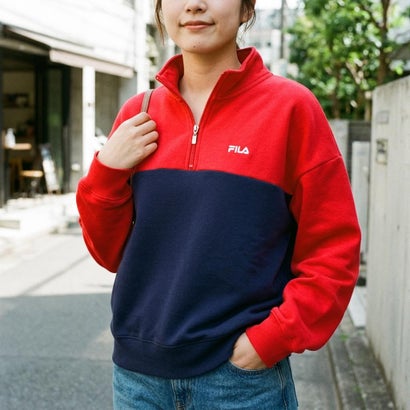 HALF ZIP SWEAT SHIRT / カラーブロック ハーフジップスウェット / カジュアルウェア / レディース （RED）｜詳細画像