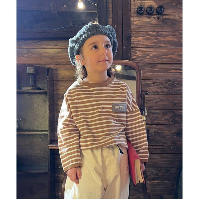 Striped Patch Long Sleeve Tee （BEIGE）