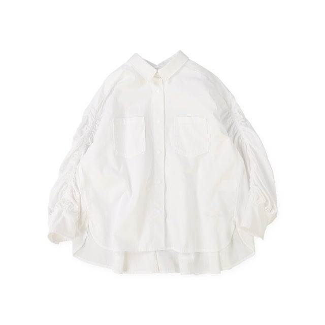 Broadcloth Gathered-sleeve Long Shirt （WHITE）