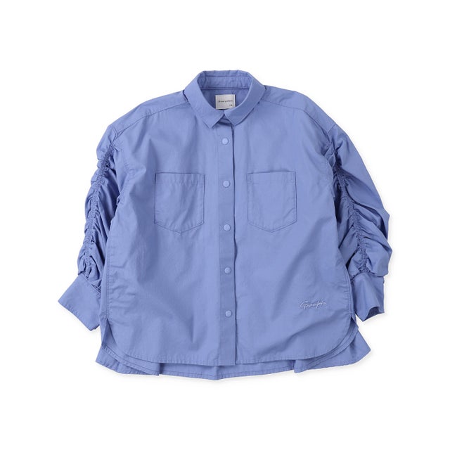 Broadcloth Gathered-sleeve Long Shirt （BLUE）