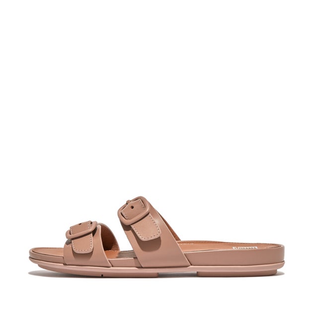 
                  GRACIE RUBBER-BUCKLE TWO-BAR LEATHER SLIDES （Beige）