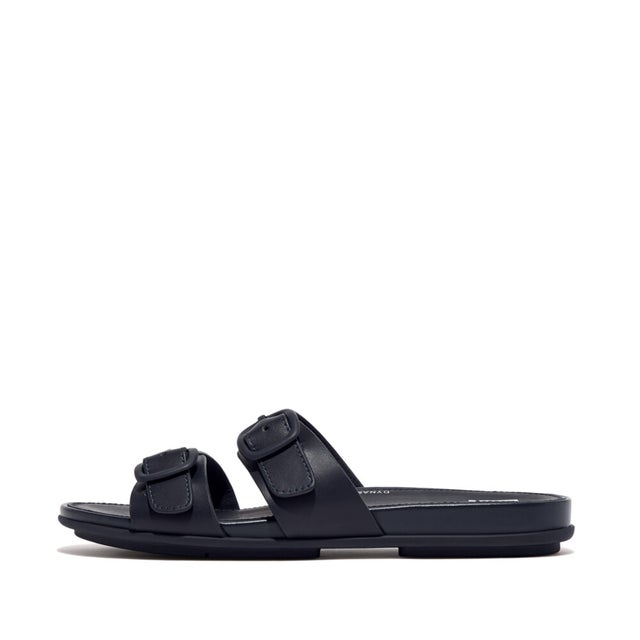 
                  GRACIE RUBBER-BUCKLE TWO-BAR LEATHER SLIDES （Midnight Navy）