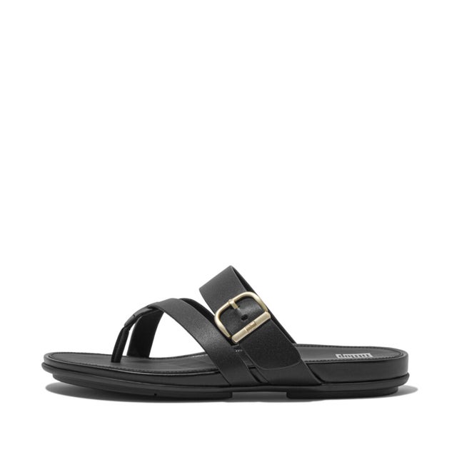 
                    GRACIE BUCKLE LEATHER STRAPPY TOE-POST SANDALS （Black）