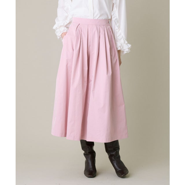 《大きいサイズ》ビジューボタンスカート｜きらめくビジューとハリ感シルエットが華やかなタックフレアスカート （ピンク1）