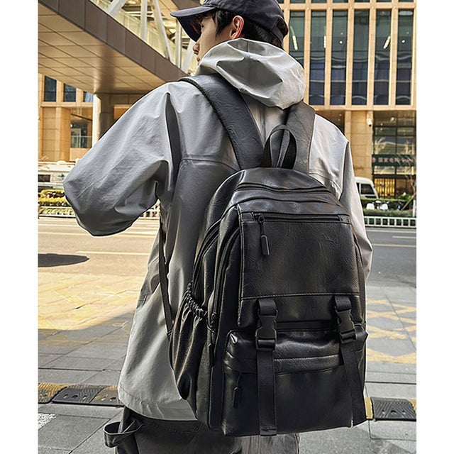 【A4収納・撥水PU】ヴィンテージレザーライクリュックサック/バックパック （ブラック）