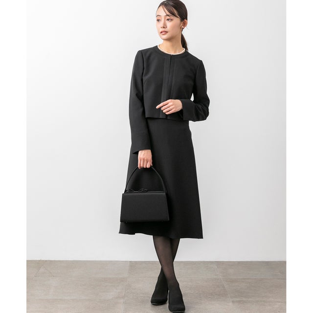 【喪服】【スピンドル仕様・調節可】【洗える】ノーカラー＆フレアワンピース ブラックフォーマルセットアップスーツ/セレモニー/七五三 （黒）