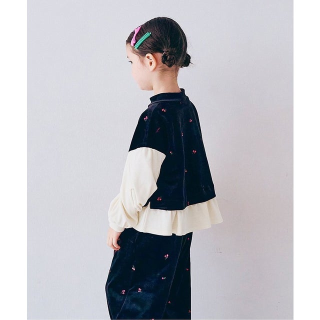 刺繍ベロアドッキングペプラムトップス （ブラック）