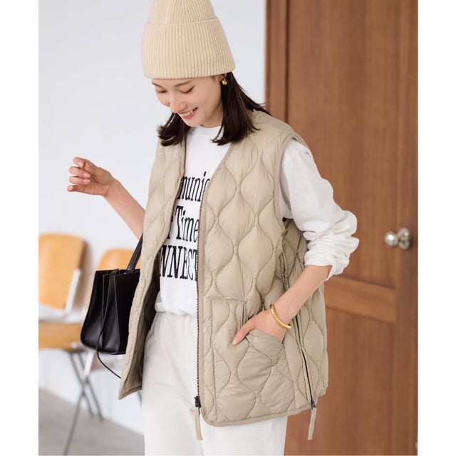 ≪追加予約≫TAION/タイオン MILITARY V NECK WZIPダウンベスト （ベージュ）
