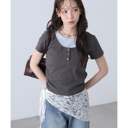 インナーレイヤードボーダーヘンリーネックTシャツ （杢グレー1）｜詳細画像
