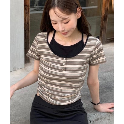 インナーレイヤードボーダーヘンリーネックTシャツ （杢グレー1）｜詳細画像