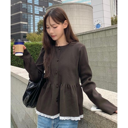 ポリ100ペプラム裾レースカーデ （チャコール）｜詳細画像