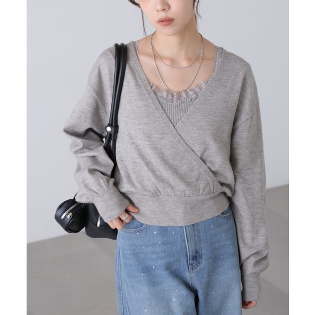 レースドッキングカシュクールニット （グレー）