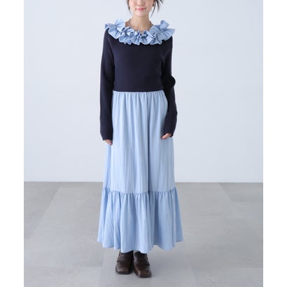 2WAYオフショルフリルネックニットドッキングワンピース （ネイビー）｜詳細画像