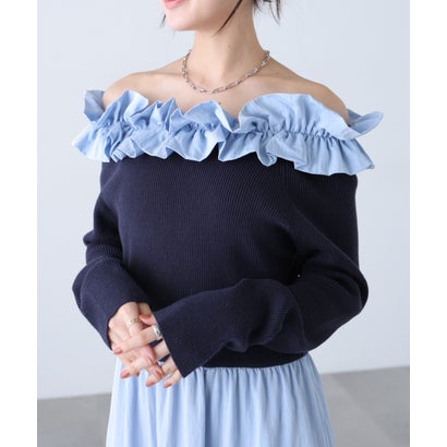 2WAYオフショルフリルネックニットドッキングワンピース （ネイビー）｜詳細画像