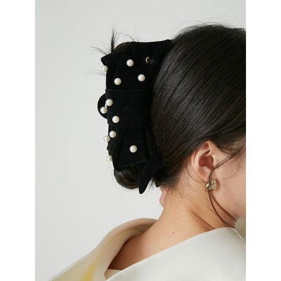 【ルエル】ベロアパールリボンヘアクリップ （BLK）｜詳細画像