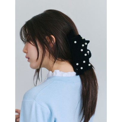 【ルエル】ベロアパールリボンヘアクリップ （BLK）｜詳細画像