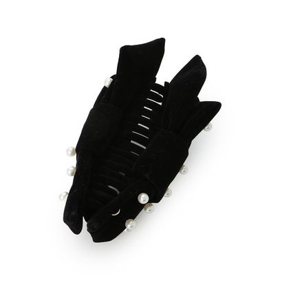【ルエル】ベロアパールリボンヘアクリップ （BLK）｜詳細画像