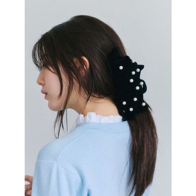 【ルエル】ベロアパールリボンヘアクリップ （BLK）