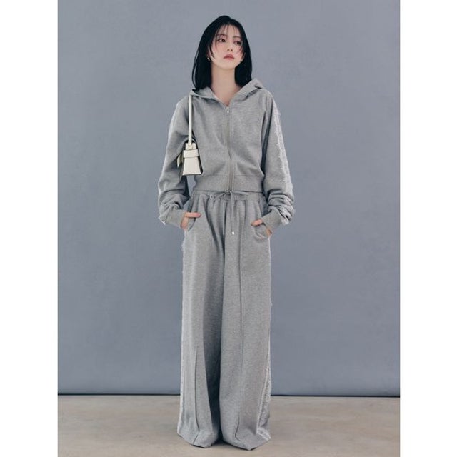 【ウォッシャブル】レースデザインスウェットワイドパンツ （GRY）