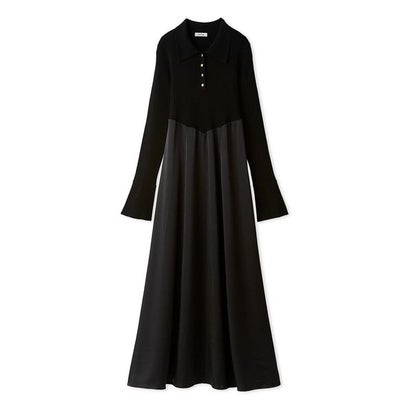 ポロカラーニットコンビワンピース （BLK）｜詳細画像