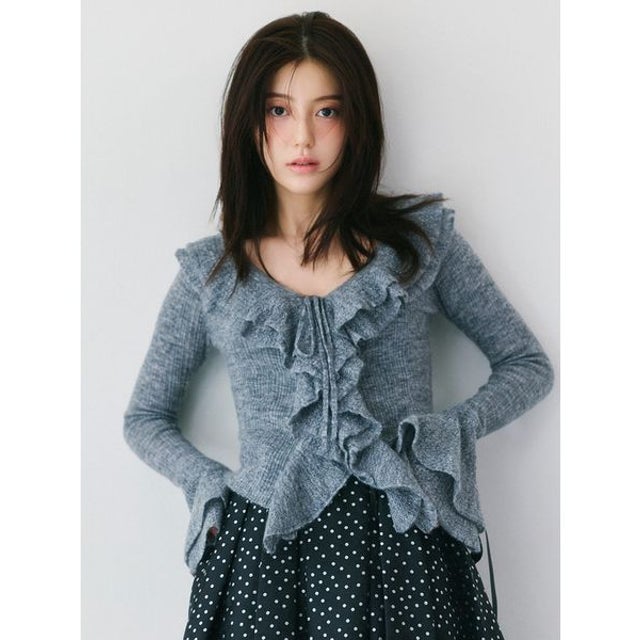 ラッフルカラーランダムリブニットカーディガン （GRY）