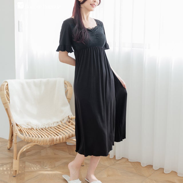 餅田コシヒカリさんとコラボレート☆ナイトブラ付きルームウェア『LuNight（ルナイト）』ナイトブラ付き半そでロングワンピース 「ルナイト ワンピース」 ワンピース （ブラック）